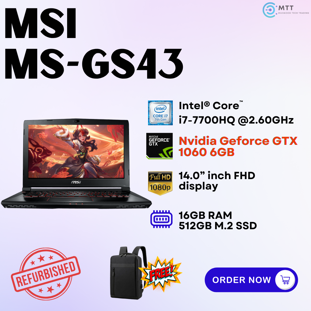 [Refurbished] MSI-GS65 Stealth, MS-GS43, MS-CR70, MS-GP63 Intel Core i9/i7 16GB DDR4 RAM 512GB M.2 NVMe SSD Nvidia Graphics Gaming Laptop